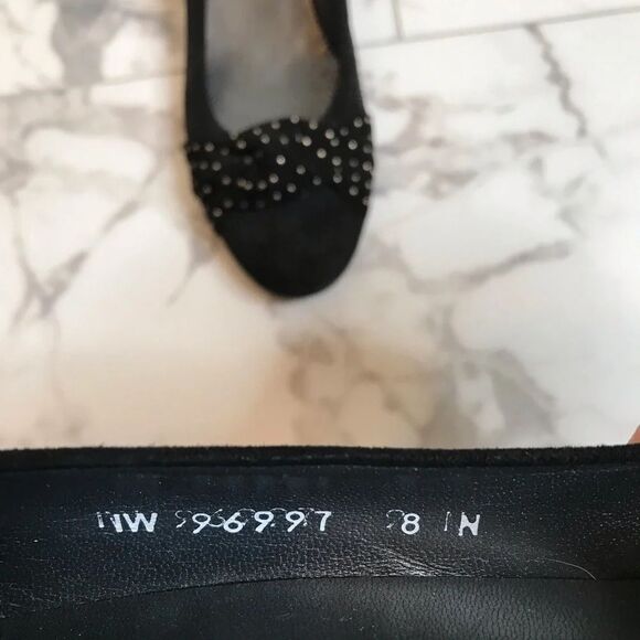 Stuart Weitzman Dotson Black Suede Wedge Heels Almond Toe Size 8 Narrow - Picture 5 of 11